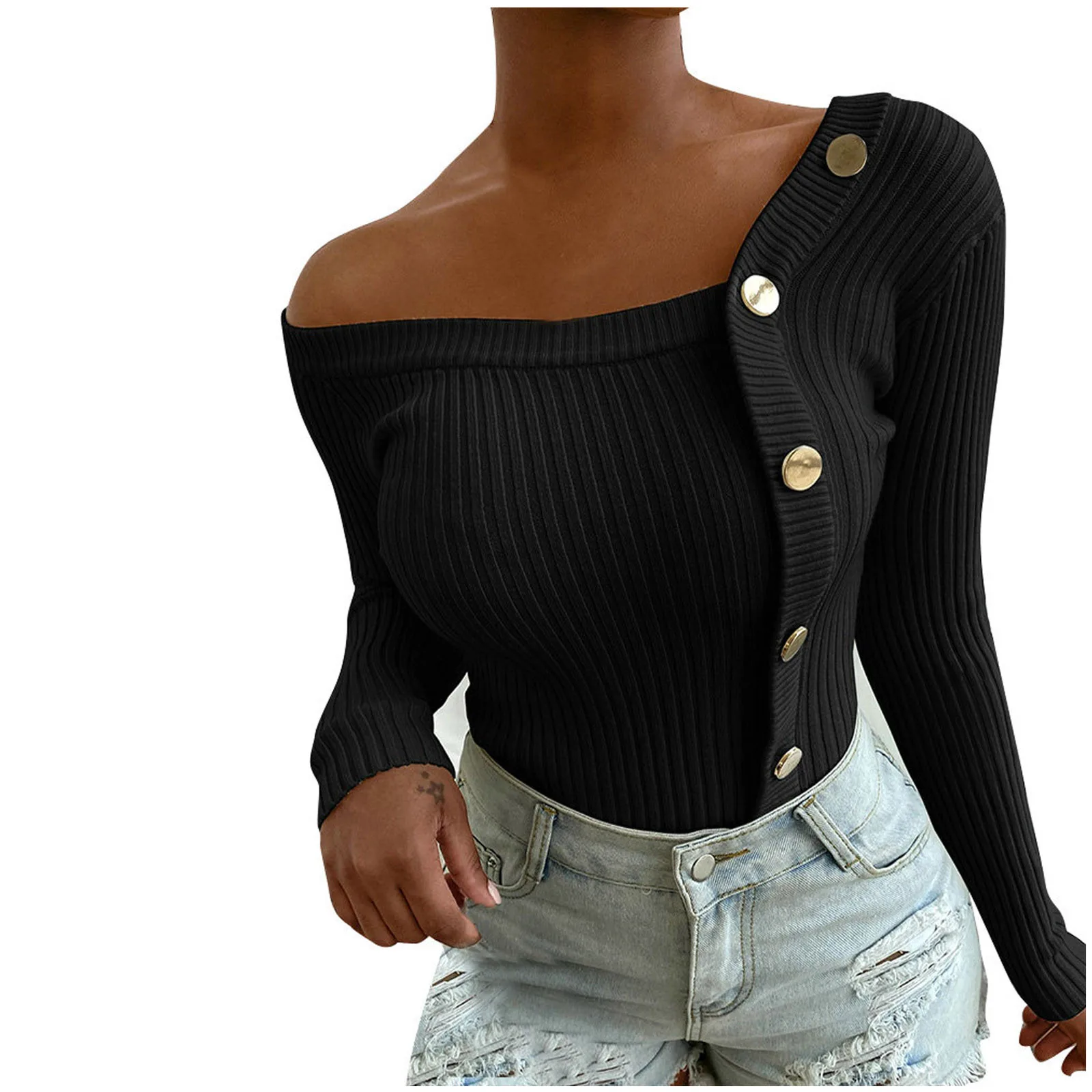 

Fashion Sweaters for Women женские свиеѬа One Shoulder Splicing Buttons Long Sleeve Sweater Pullover Tops Drop Shipping